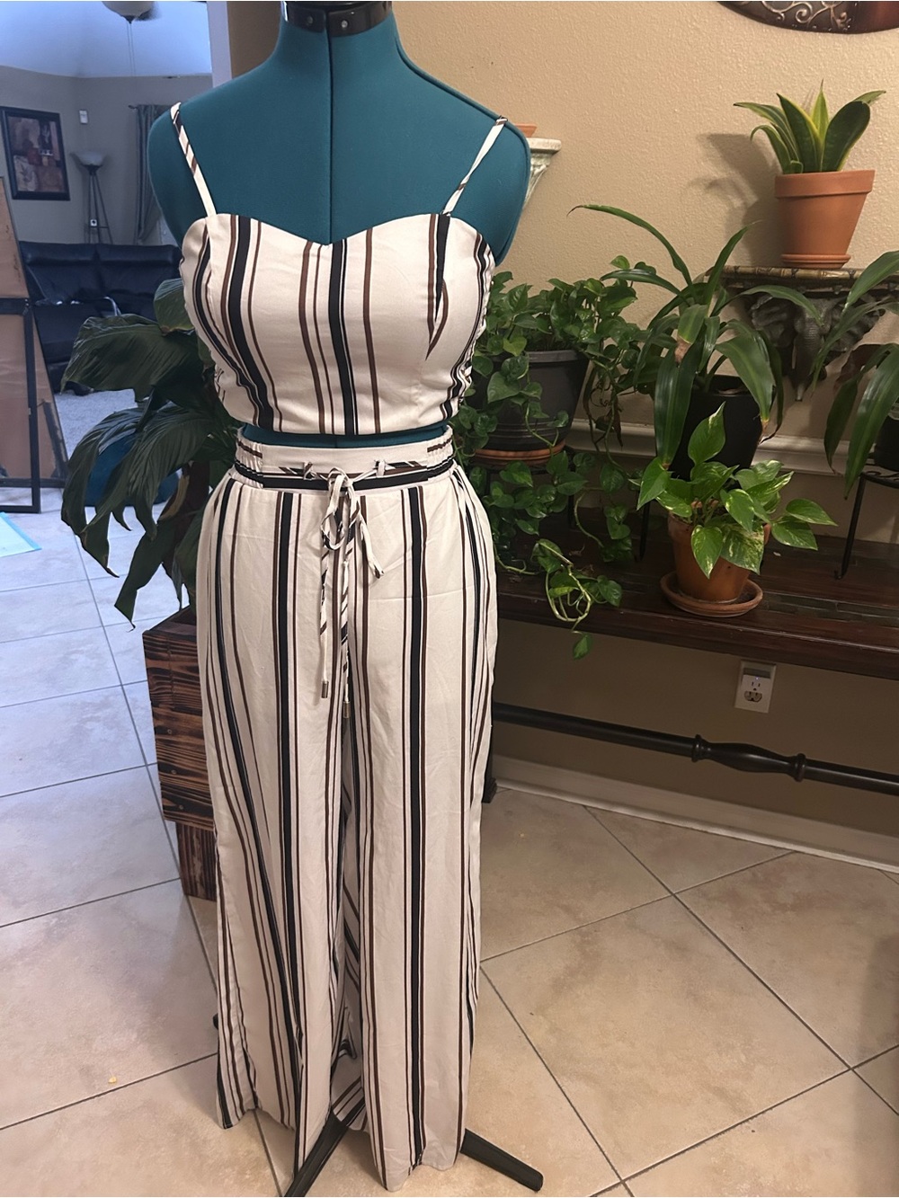 Papaya White & Black Striped pant suit